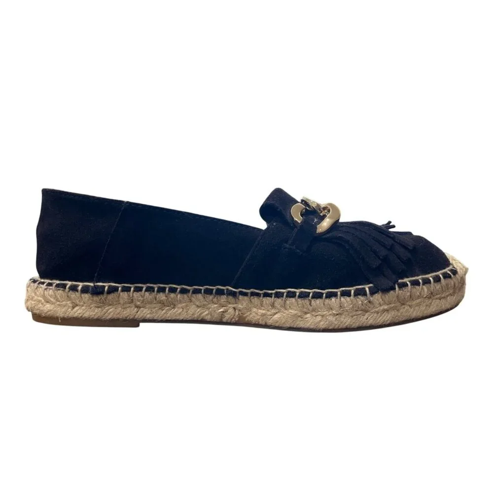 Massimo Dutti Black Suede Espadrille Loafer Gold-Chain Fringe EU 38 / US 7.5